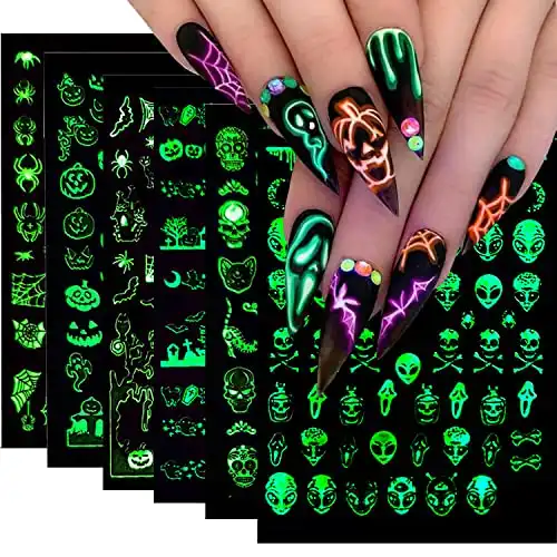 Halloween Nail Art Stickers Decals Fall Scary Ghost Skull Nail Decoration 3D Self-Adhesive Glow in The Dark The Day of Dead Acrylic Nail Supplies for Women Girls（6Pcs）