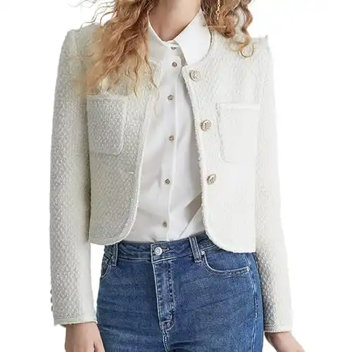 URBAN REVIVO Women's Casual Business Cropped Tweed Blazers Jacket with Pocket Slim Fit Long Sleeve Short Suit for Work Office White, Medium