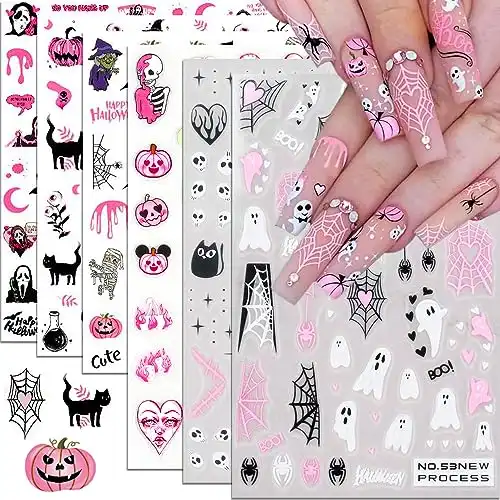 Halloween Nail Stickers, Halloween Nail Art Decals 3D Self-Adhesive Pink Ghost Skull Spider Pumpkin Halloween Nail Design DIY Holiday Nail Decoration for Halloween Party (6 Sheets)