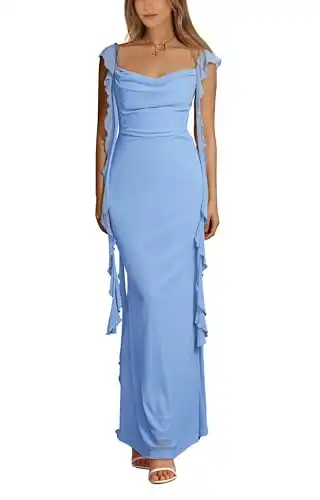 PRETTYGARDEN Women's Summer Long Formal Wedding Guest Dress Sleeveless Ruffle Cocktail Party Maxi Bodycon Dresses (Light Blue,Medium)