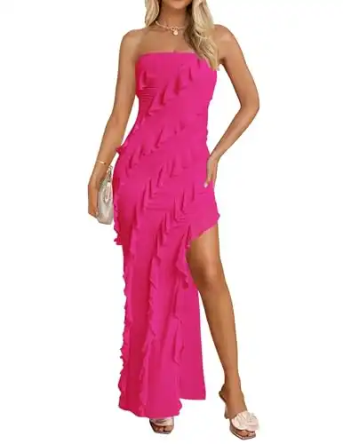 ZESICA Women's 2024 Strapless Bodycon Dress Sexy Off Shoulder Mesh Tassel Ruffle Side Split Tube Party Maxi Dresses,Rose,Medium