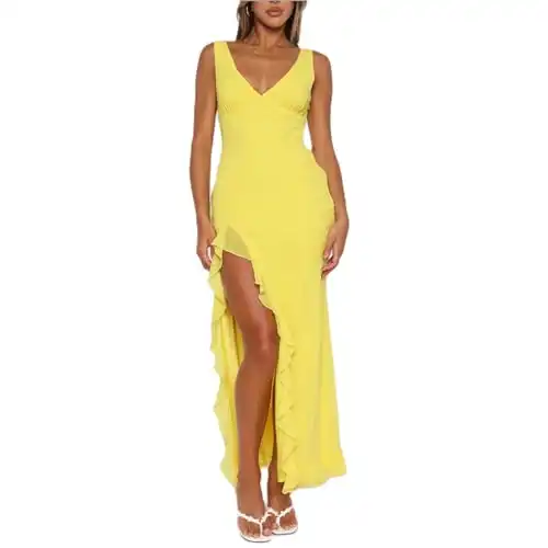 Women's Ruffle Maxi Dress Summer Y2k Sexy V Neck Backless Side High Split Hem Party Cocktail Maxi Dress (A-Yellow, M)