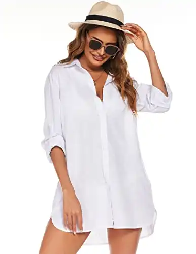 HOTOUCH White Button Down Shirt for Women Long Sleeve Linen Shirt Dress Tunics Summer Beach Dress White L