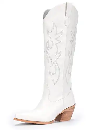 Pasuot White Cowboy Western Boots for Women - Wide Calf Cowgirl Knee High with Side Zip and Embroidered, Pointed Toe Chunky Heel Retro Classic Tall Boot Pull On for Ladies Fall Winter Size 7