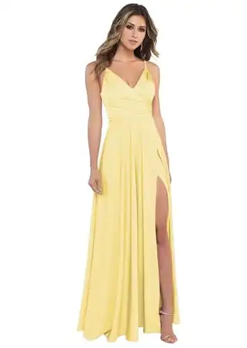 Dymaisei A Line Satin Bridesmaid Dresses Spaghetti Strap V Neck Wedding Guest Dress Split Formal Party Dresses Size 18 Yellow