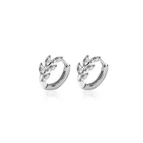 CZ Leaf Cartilage Huggie Small Hoop Earrings for Women Girls 925 Sterling Silver Cubic Zirconia Cluster Leaves Round Studs Tragus Pierced Ear Endless Hoops 8mm Dainty Gifts (Silver)