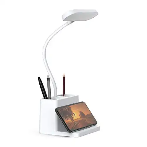 AXX Small Desk Lamps for Home Office, White Desk Light for Kids, LED Desktop/Computer Study Lamps for Bedrooms, Rechargeable, Pen Holder, Mini, Adjustable Gooseneck Table Lamp for College Dorm Room