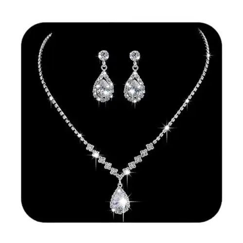 Unicra Bride Crystal Necklace Earrings Set Bridal Wedding Jewelry Sets Rhinestone Choker Necklace Prom Costume Jewelry Set for Women and Girls (A-Silver)