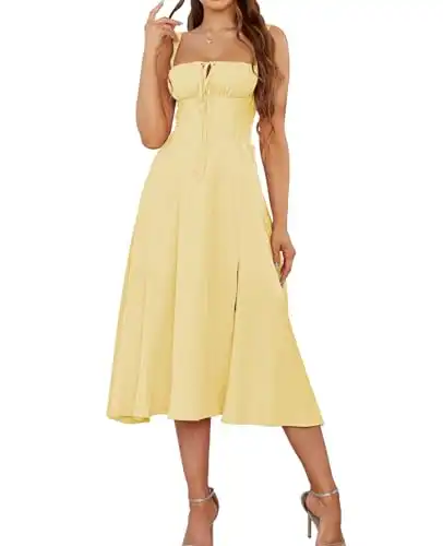 Wedding Guest Dresses for Women Midi Corset Lace Up A Line Dress Solid Flowy Slit Going Out Sundress for Tea Party