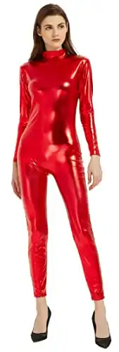 speerise Women Shiny Metallic Unitard Long Sleeve Catsuit Bodysuit Red XL