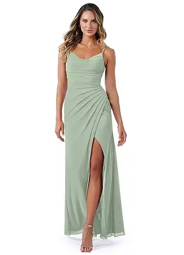 Yoreuoia Mermaid Dusty Sage Bridesmaid Dresses for Women Long Chiffon Sheath Formal Dress Evening Gown with Slit US2