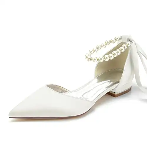 Women's Pointed Toe Pumps Pearl Satin Wedding Shoes for Bride Flats Ankle Strap Bridal Shoes Formal Prom Party Dress Pumps Sandals Ivory US10.5