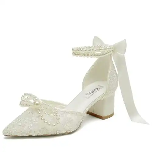 Lace Pearl Wedding Shoes for Bride Block Heel Bridal Shoes Closed Toe Wedding Heels-Ivory 2-6