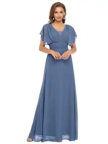 Ever-Pretty Women's Elegant Formal Dress V-Neck Short Sleeve Chiffon Long Mother of The Bride Dresses Dusty Navy US22