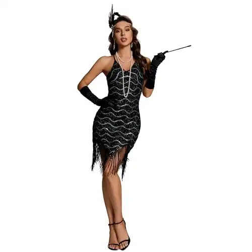 Pixiemain Women's 1920s Flapper Sequin Dress for Great Gatsby Theme Party Dress With Roaring 20s Accessories Set for Party Black M