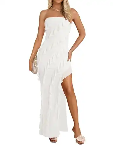 ZESICA Women's 2024 Strapless Bodycon Dress Sexy Off Shoulder Mesh Tassel Ruffle Side Split Tube Party Maxi Dresses,White,Small