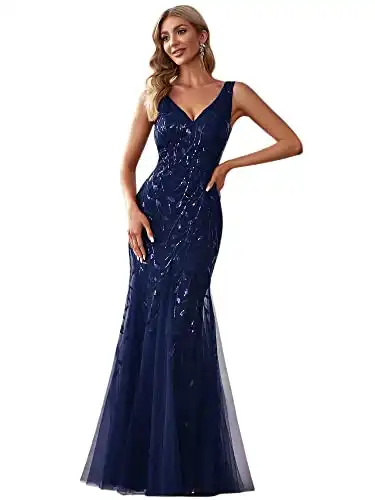 Ever-Pretty Women's Sexy V-Neck Floor Length Wedding Evening Party Dress Navy US16