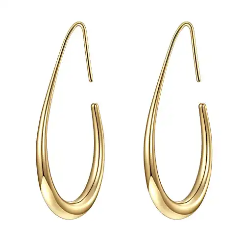 Lightweight Teardrop Hoop Earrings for Women - 14k Gold/White Gold Plated Large Oval Pull Through Hoop Earrings High Polished Statement Jewelry Gift for Women Teen Girls