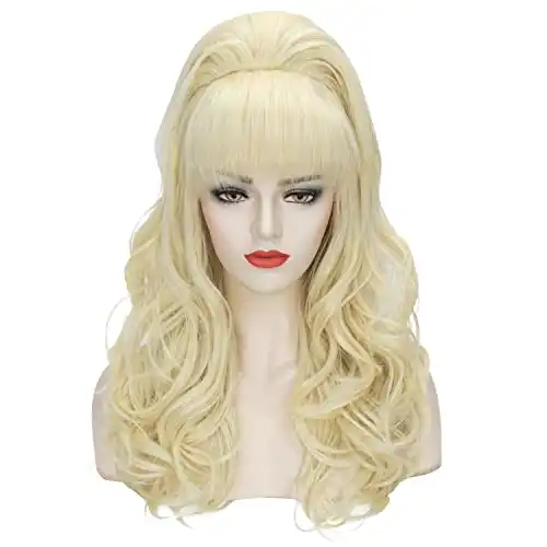 Beehive Wig Blonde Women 60s Vintage Long Curly Bouffant Updo Victorian Fembot Wig 50s 70s Costume Married Housewife Heat Resistant Synthetic Hair Wigs for Halloween Party + Wig Cap