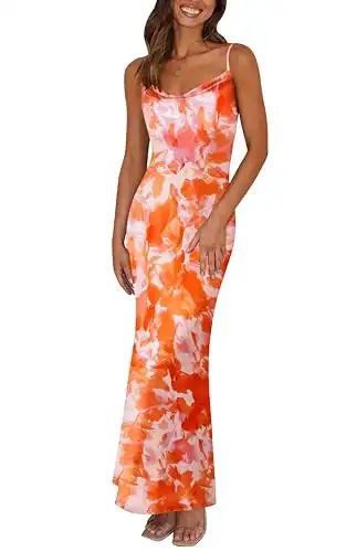 PRETTYGARDEN Floral Summer Wedding Guest Dresses for Women Adjustable Straps Sexy Dress Sleeveless Mesh Bodycon Maxi Dress (Light Orange,Medium)