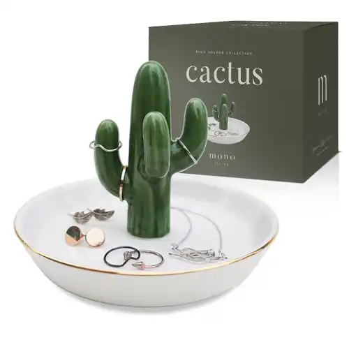 mono living Cactus Ring Holder Dish | Rings Stand for Jewelry | Cute Ceramic Unique Kitchen Bedroom Trinket Tray Rack for Earring Necklace | Small Organizer | Christmas Birthday Gift for Women Girl