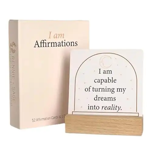 Affirmation Cards for Women | I Am Positive Affirmation Cards | 52 Positive Decor Cards with Wooden Stand | Inspirational Cards with Soothing Colors to Display on Vision Boards | Giftable Cards