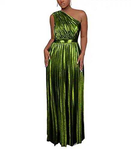 AOMEI Women's Luxury Metallic One Shoulder Sleeveless Elegant Pleated Long Dress (Green,XL,X-Large)