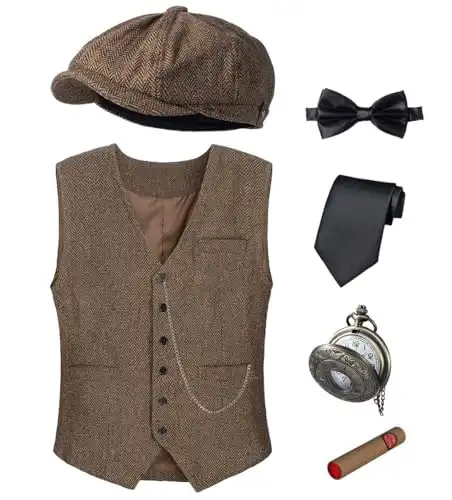 TOGROP 1920s Mens Costume Vest Hat Pocket Watch Accessories Set Adult Party Cosplay Dark brown Large