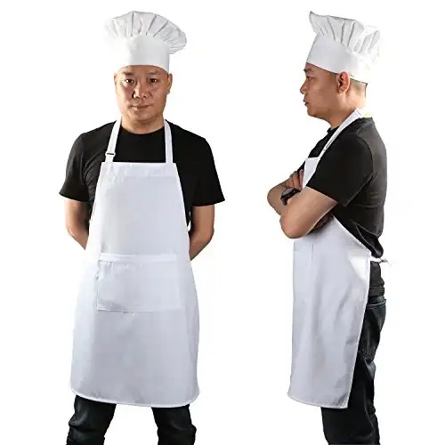 yotache Chef Apron Set, Chef Hat and Kitchen Apron Adult Adjustable White Apron Baker Costume for Men and Women, 1 Set (33