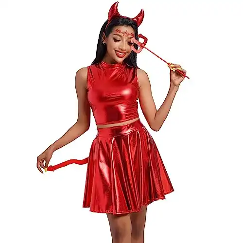 Halloween Costumes For Women Sexy 2023 Devil Costume For Women Horns And Tail Devil Sticks For Adults Sexy Halloween Costumes For Women Holographic Rave Metallic Crop Top Skirt Red Devil 5PCS S