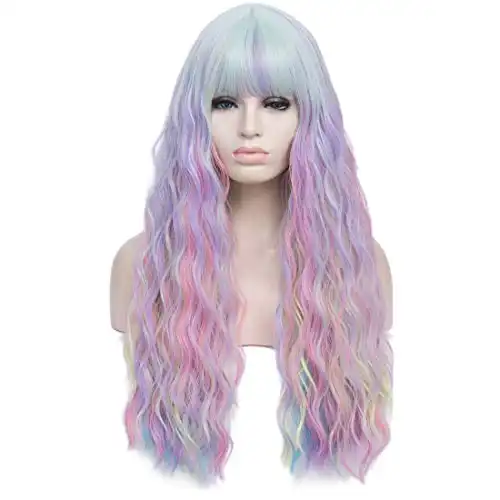 Colorful Rainbow Wigs with Bangs for Women Pastel Long Wavy Curly Colored Purple Goth Hair Wig for Music Festival, Themed Parties, Halloween, Wedding - 27.5''