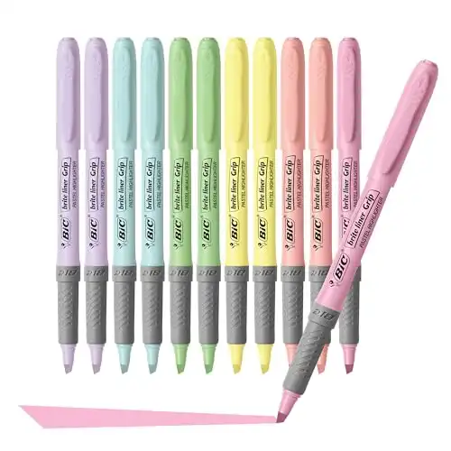 BIC Brite Liner Grip Pastel Highlighter Set, Chisel Tip, 12-Count Pack of Pastel Highlighters in Assorted Colors, Cute Highlighters for Bullet Journaling, Note Taking and More