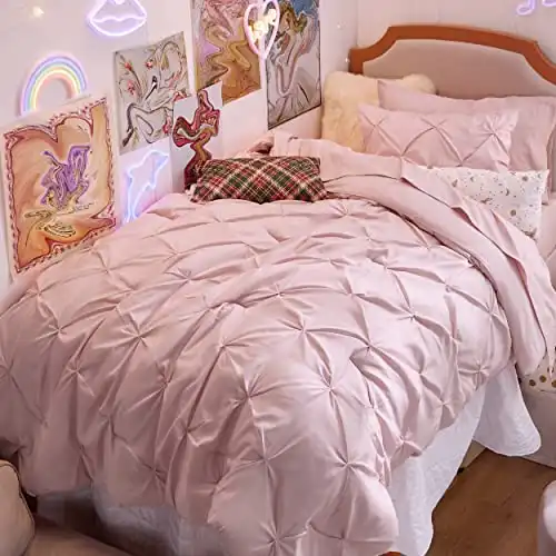 Bedsure Twin XL Comforter Set - Extra Long 5 Pieces Dorm Bedding Sets, Pinch Pleat Pink Bed in a Bag with Comforter, Sheets, Pillowcase & Sham