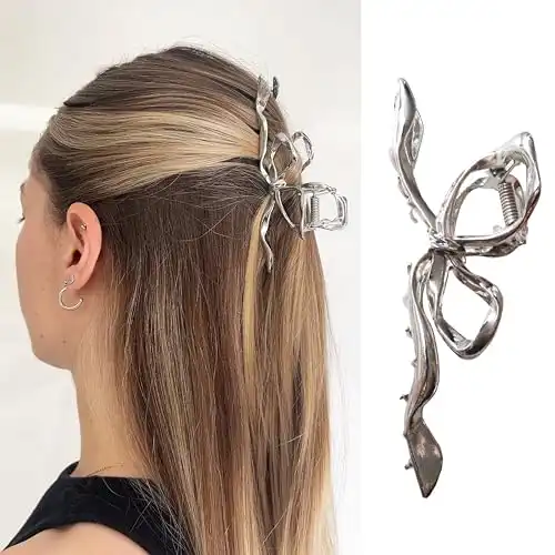 Bow Metal Claw Clip – Giant Claw Clips For Thick Hair – Silver Metal Hair Clip Non-Slip Chrome Elegant Hair Clip – Femme Hair Clips