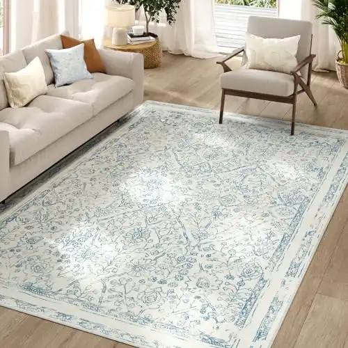 jinchan Washable Area Rug 5x7 - Low Pile Bedroom Rug Indoor Blue Floral Print Faux Wool Soft Rug Stain Resistant Boho Carpet Distressed Vintage Ultra-Thin Non-Slip Rug Living Room Dining Room Kitchen