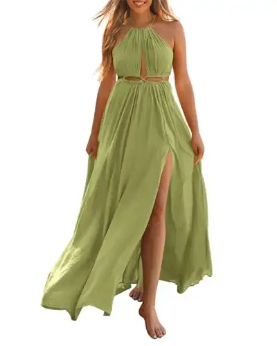 BTFBM Women Summer Dress Sleeveless Cutout Halter Maxi Backless Boho Casual Beach Party Cocktail Slit Sun Dresses(Solid Green, X-Large)