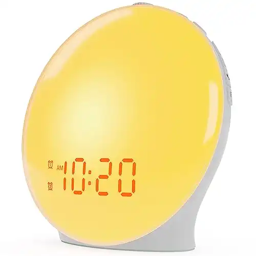 Wake Up Light Sunrise Alarm Clock for Kids, Heavy Sleepers, Bedroom, with Sunrise Simulation, Sleep Aid, Dual Alarms, FM Radio, Snooze, Nightlight, Daylight, 7 Colors, 7 Natural Sounds, Ideal for Gift