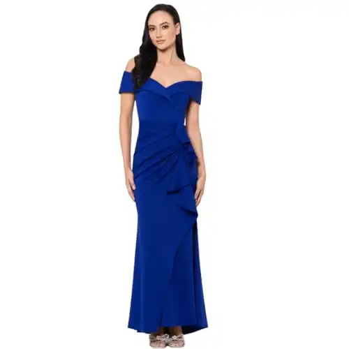 Xscape Women's Long Off Shoulder Sweetheart Neck Side Ruffle Gown (Reg and Petite), Marine