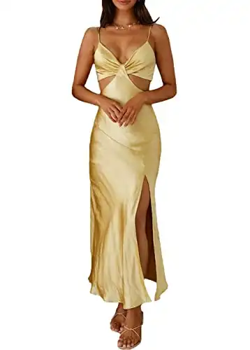 2024 Satin Cut Out Maxi Summer Dresses for Women Silk Spaghetti Strap V-Neck Backless Tie Back Wedding Guest Midi Dress Yellow