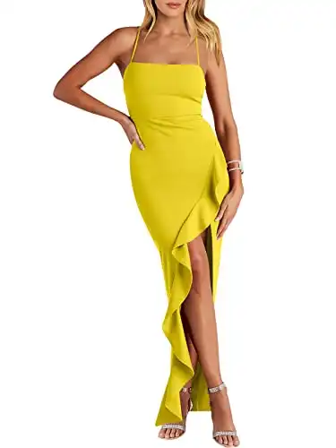 ANRABESS Women Prom Dress 2024 Summer Bodycon Formal Maxi Dresses Ruffle Side Split Cocktail Wedding Guest Date Dress Yellow Medium