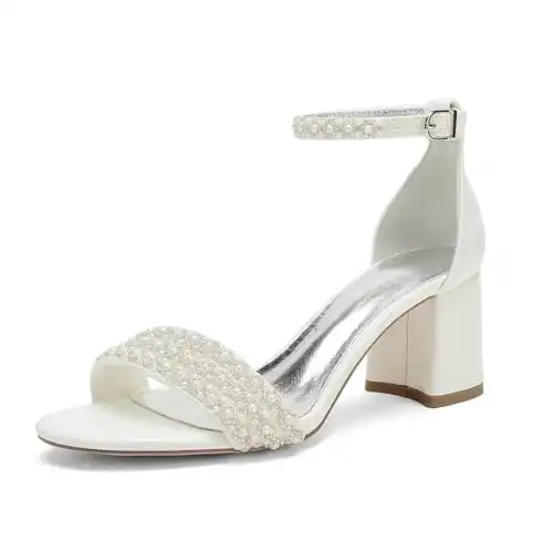 YWXYMGE Block Heels Pearls Wedding Sandals Open Toe Ankle Strap Evening Party Summer Shoes-Ivory-7