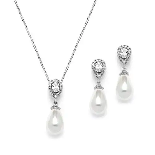 Mariell Pearl Drop Bridal Necklace and Earrings Set with CZ Crystals for Bride, Wedding, Birthday Gift