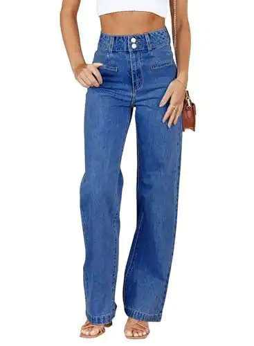 Sidefeel Women's Wide Leg Jeans High Waisted Straight Leg Ankle Jeans Stretchy Trendy Tummy Control Loose Denim Pants Blue Size 12