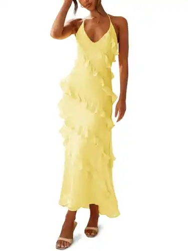 Wenrine Womens Sexy Chiffon Halter Maxi Dress Sleeveless Backless Ruffle Tassel Party Club Dresses Yellow