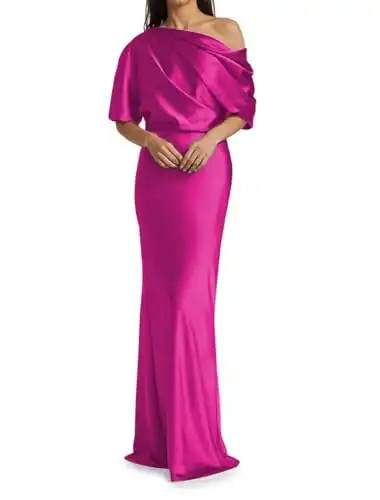 HuaiLian Women's Satin Mother of The Bride Dresses Mermaid Half Sleeve bodycon Evening Formal Gowns for Wedding,Fuchsia,14