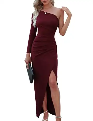 Sarin Mathews Womens One Shoulder Long Sleeve Cocktail Dresses Sexy Bodycon Ruched Wrap Split Party Formal Long Dress Burgundy M