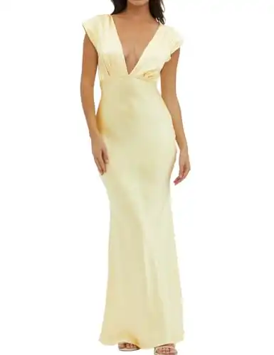 Halfisland Womens Summer Satin V Neck Cap Sleeve Backless Maxi Dress Elegant Twist Cut Out Midi Dresses Wedding Guest Yellow