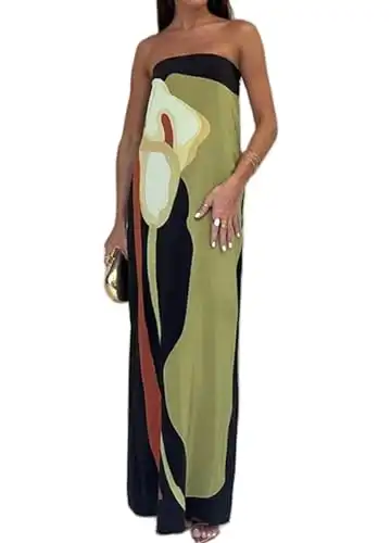 Aonoapll Women Y2k Tube Maxi Dress Strapless Floral Print Bodycon Long Dress Backless Off Shoulder Cocktail Party Dress(Green,Medium)