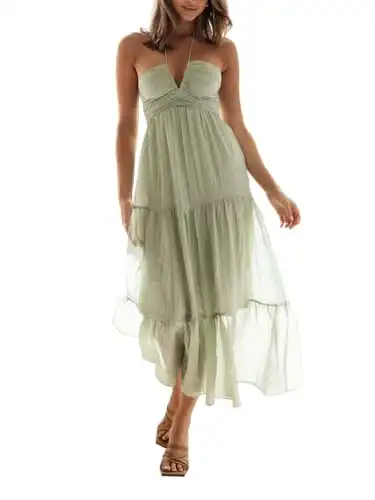 HOULENGS Women's Summer Sleeveless Halter Neck Boho Long Dress Backless Ruffle Hem Tiered Flowy Maxi Sundress Green X-Large