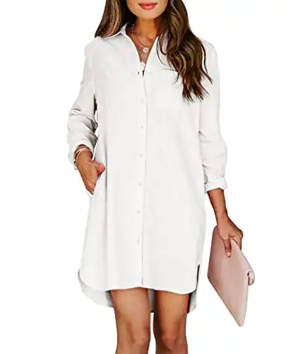 Aoudery Womens Button Down Shirt Dresses with Pockets Cotton Button Up Tunics Long Sleeve Solid High Low Blouse Tops-White-M